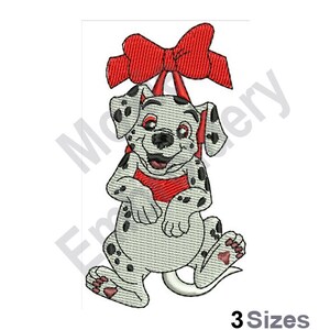 May include: A cartoon Dalmatian puppy with black spots, wearing a red bow and a red collar, is smiling. The puppy is standing on its hind legs with its front paws raised.