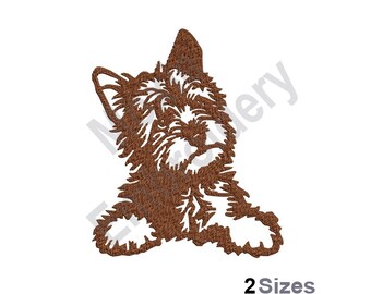 Könnte beinhalten: Gestickte Darstellung eines braunen Terrier-Hundes mit nach oben geneigtem Kopf, der zur Seite schaut. Der Hund sitzt mit den Pfoten unter dem Körper.