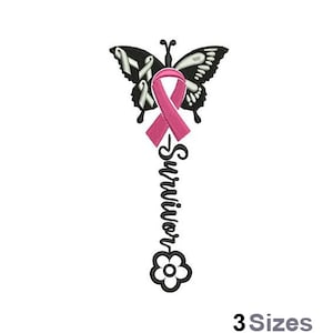 Survivor - Machine Embroidery Design - 3 Sizes, Hope Ribbon Butterfly Embroidery Design, Pink Awareness Ribbon Embroidery, Flower Design