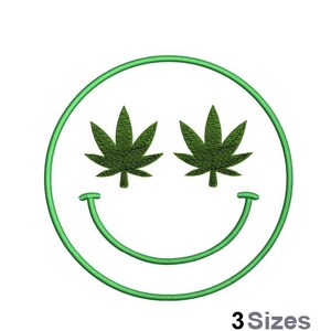 May include: Green marijuana leaf design with a smiling face, in a green circle.