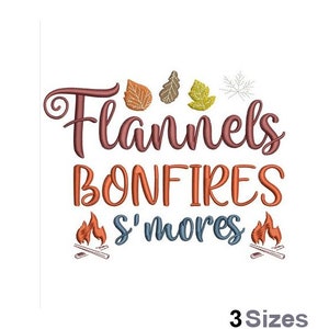 May include: Embroidered design with the text "Flannels Bonfires S'mores" in orange, red, and blue. The design features stylized leaves and flames.