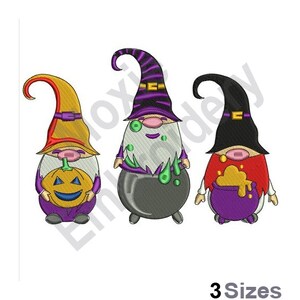 May include: Three Halloween gnomes with pointy hats. The gnome on the left is holding a jack-o-lantern. The gnome in the middle is holding a cauldron with green liquid. The gnome on the right is holding a cauldron with yellow liquid.