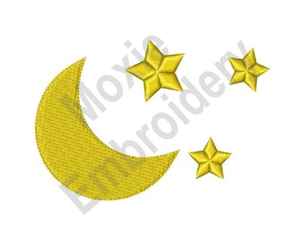 May include: A yellow crescent moon with three yellow five-pointed stars.