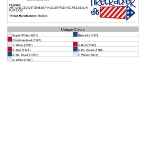 May include: A digital embroidery design of a red, white, and blue firework with the text "Little Firecracker". The design is 3.30 inches by 3.50 inches and includes 10,362 stitches. The design is available in multiple formats, including ART, CND, CSD, DST, EMB, EXP, HUS, JEF, PCS, PEC, PES, SEW, VI, P, VP3, and XXX. The thread manufacturer is Madeira.