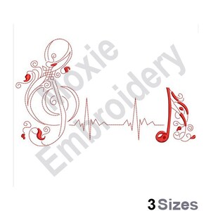Music Heartbeat - Machine Embroidery Design - 3 Sizes, Treble Clef Embroidery Pattern, Musical Note Embroidery, Heart Rate Graph Embroidery