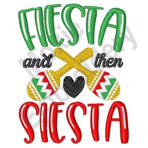 Puede incluir: Diseño de bordado verde y rojo con el texto "Fiesta and then Siesta" y dos maracas cruzadas sobre un corazón negro.