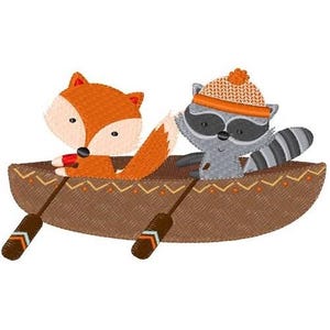 Renard et raton laveur en canoë - Motif de broderie machine