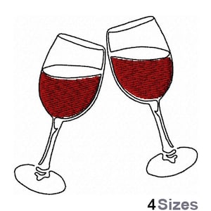 Könnte beinhalten: Zwei Weingläser, die aneinanderstoßen, gefüllt mit Rotwein. Die Gläser sind schwarz umrandet und der Wein ist dunkelrot.