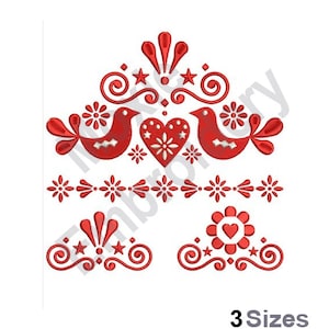 Puede incluir: Diseño bordado rojo con dos pájaros, un corazón y elementos florales. El diseño es de estilo escandinavo tradicional. 3 tamaños.