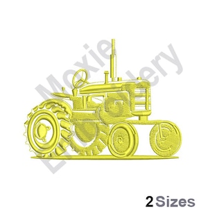 May include: Yellow embroidered design of a vintage tractor with large wheels. The tractor is facing left and has a single exhaust pipe.