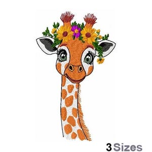 May include: An embroidered giraffe head with a floral crown of yellow and purple flowers. The giraffe has a long neck with orange and white spots, and large, expressive eyes. The text "3 Sizes" is at the bottom.