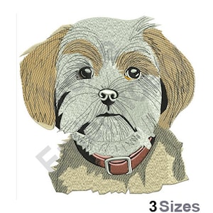 May include: Embroidered design of a Shih Tzu dog with brown and grey fur, wearing a red collar. The dog's face is the focus of the design, with its eyes, nose and mouth clearly visible.
