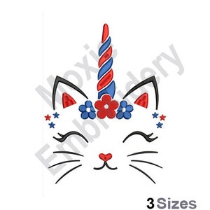 May include: An embroidered design of a cat's face with a unicorn horn. The horn is red and blue, and the cat has black ears with red accents, blue and red flowers, and star accents. The text "3 Sizes" is at the bottom.