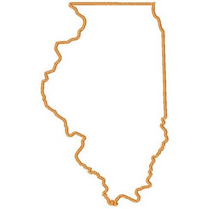 Könnte beinhalten: Eine orangefarbene Umrisszeichnung des US-Bundesstaates Illinois. Das Bild zeigt eine einfache Strichzeichnung der Staatsgrenzen vor weißem Hintergrund. Das Design ist sauber und minimalistisch, ohne zusätzliche Details.