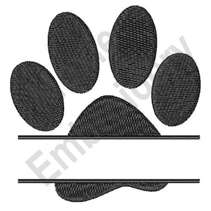May include: Black and white paw print design with a space for a name underneath. The paw print is a simple design with four toes and a pad.