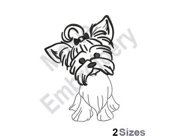 Könnte beinhalten: Schwarzweißes Linienkunst-Stickmuster eines Yorkshire Terriers mit Schleife im Haar.