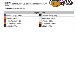 May include: Machine embroidery design of a black cat wearing a witch's hat and sitting on a pumpkin. The design includes the text "Too cute to spook". The design is available in multiple formats, including DST, EMB, EXP, HUS, JEF, PCS, PEC, PES, SEW, VIP, and VP. The thread colours used in the design are Majestic Purple, Copper, Dark Purple, Tangerine, Emerald Black, Super White, White, and Black.