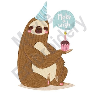Buon compleanno bradipo - Disegno ricamo a macchina, schema ricamo Make A Wish, disegno ricamo cupcake di compleanno
