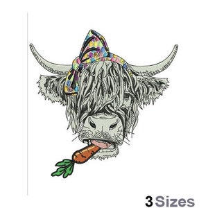 May include: A cartoon illustration of a Highland cow with a colorful bandana and a carrot in its mouth. The cow is looking directly at the viewer.