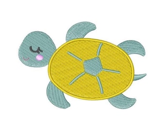 May include: A blue and yellow cartoon turtle with a smiling face and closed eyes. The turtle has a yellow shell with a blue star pattern.
