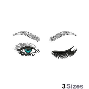 Può includere: Un disegno in bianco e nero di un occhio di donna con iride blu e ciglia. L'occhio destro è chiuso e l'occhio sinistro è aperto. L'immagine è etichettata "3 dimensioni".