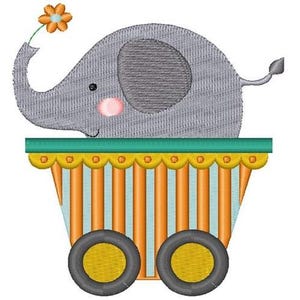 May include: A gray elephant with a pink nose and a yellow flower in its trunk is sitting in a striped orange and blue wagon with yellow wheels.