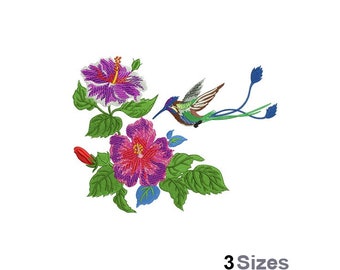 Hummingbird Flowers - Machine Embroidery Design - 3 Sizes, Feeding Hummingbird Embroidery Pattern, Floral Bird Embroidery, Exotic Flowers