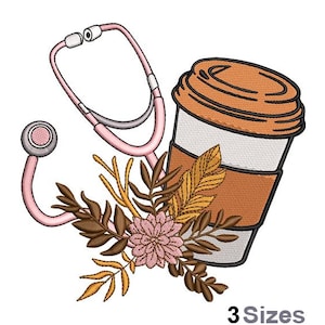 Stetoscopio infermiere e caffè - Disegno ricamo macchina - 3 misure, disegno ricamo stetoscopio medico, motivo ricamo tazza caffè carta