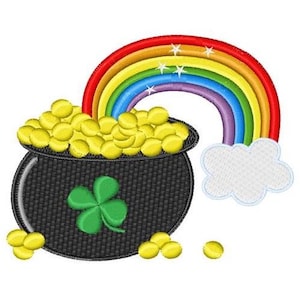 May include: A black pot filled with gold coins sits under a rainbow with a white cloud. A green shamrock is on the side of the pot.