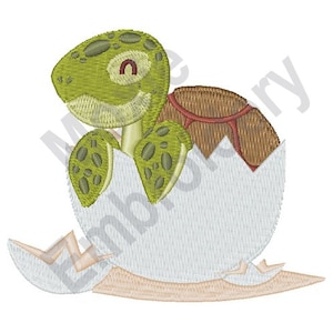 May include: A green and brown baby turtle hatching from a white eggshell. The turtle has a small, green shell and a cute, smiling face.