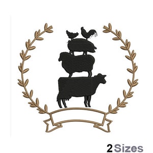 Farm Animals Banner - Machine Embroidery Design, Farming Laurel Wreath Embroidery Pattern, Farm Cow, Sheep, Pig, Chicken, Rooster Embroidery