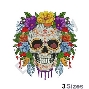 May include: A white sugar skull with colourful floral details and a purple, yellow and red flower crown. The skull is dripping with purple paint.