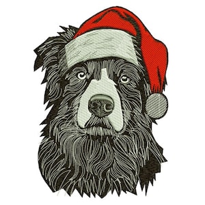 Könnte beinhalten: Gesticktes Bild eines Border Collie-Hundes mit rotem und weißem Weihnachtsmannhut. Der Hund hat schwarz-weißes Fell, wobei detaillierte Stiche ein strukturiertes Aussehen erzeugen. Das Bild ist vor einem weißen Hintergrund.