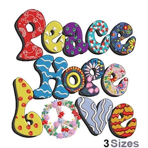 Puede incluir: Diseño de bordado de Paz, Esperanza, Amor con un símbolo de paz en el centro. Las palabras están en un estilo patchwork colorido con una variedad de patrones y colores.