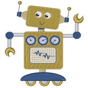May include: A cartoon robot with a yellow body, blue arms and legs, and a smiling face. The robot has three round gauges on its chest and a screen with a wavy line.