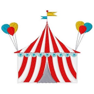 Può includere: Una tenda da circo a strisce rosse e bianche con una bandiera blu e gialla in cima. Ci sono tre palloncini su ogni lato della tenda, due gialli e uno blu.