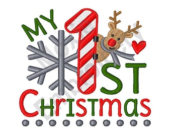 My 1st Christmas - Machine Embroidery Design, Christmas Baby Embroidery Pattern, Red Nosed Reindeer, Winter Snowflake, Candy Cane Embroidery