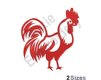 May include: Red rooster silhouette with a stylized tail and comb. The rooster is facing right and has a white body.