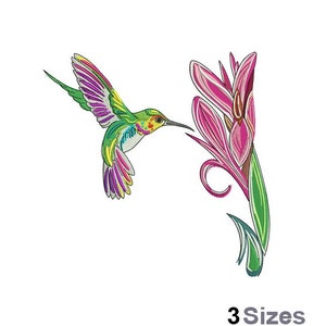 Hummingbird Bloom - Machine Embroidery Design - 3 Sizes, Feeding Hummingbird Embroidery Pattern, Flying Bird Embroidery,