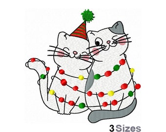 Söta julkatter - Maskinbroderidesign - 3 storlekar, broderidesign med lyckliga kattpar, broderi med kawaii-katter, design med julkattungar