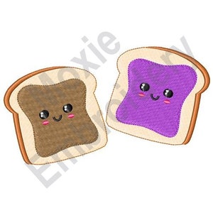 May include: Two slices of bread with cute faces. One slice has brown peanut butter and the other has purple jelly.
