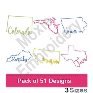 USA States Map Outline (51 designs) 3 Sizes - Machine Embroidery Design PACK, American States Embroidery Pattern
