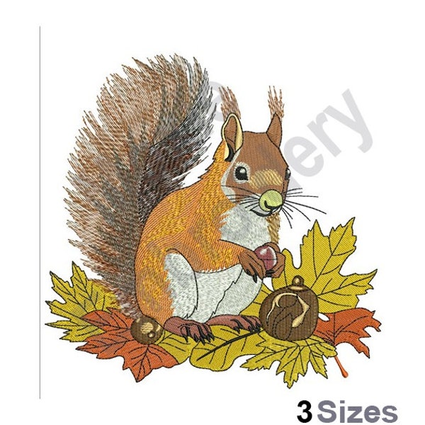 Ardilla comiendo nueces de bellota - Diseño de bordado a máquina - 3 tamaños, patrón de bordado de hojas de otoño, bordado de hojas de ardilla y roble