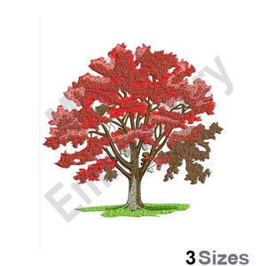 May include: Embroidered design of a red tree with a brown trunk and green grass. The design is available in three sizes.