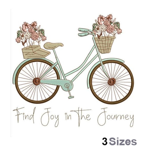 Find Joy In The Journey - Machine Embroidery Design - 3 Sizes, Vintage Bicycle Embroidery, Floral Basket Bike, Country Bicycle Flowers