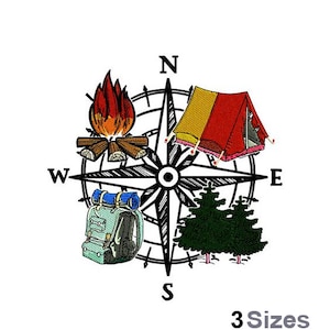 Adventure Compass - Machine Embroidery Design - 3 Sizes, Campfire Embroidery, Camping Tent Embroidery Pattern, Pine Trees & Backpack Design