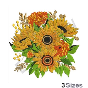 ひまわりの花束 - 機械刺繍デザイン - 3 サイズ、ひまわりの刺繍パターン、フラワーアレンジメントの刺繍デザイン