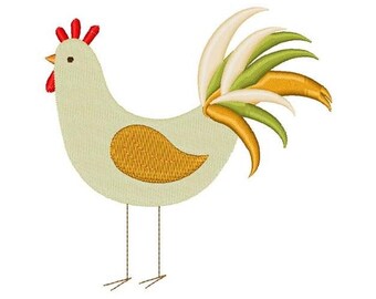 May include: A cartoon illustration of a rooster with a green, yellow, and white tail. The rooster is light green with a yellow patch on its body and a red comb.