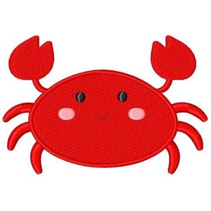 May include: A red cartoon crab with a smiling face and pink cheeks. The crab has two large claws and eight legs.