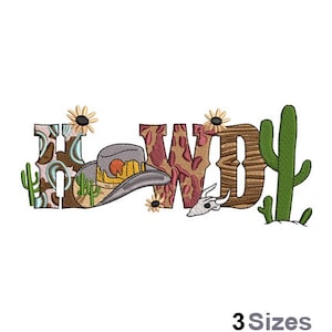 May include: Embroidered design of the word "Howdy" with a cowboy hat, cactus, and other western-themed elements. The design is in various shades of brown, green, and blue.